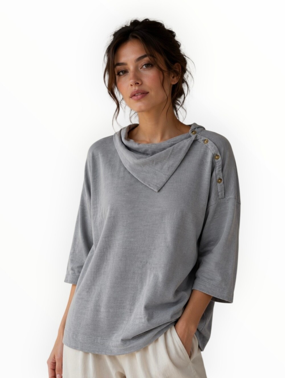 PURE JILL 100% Cotton Split Neck Knit Size XL.Terry Lined 3/4 Sleeve Boxy Casual